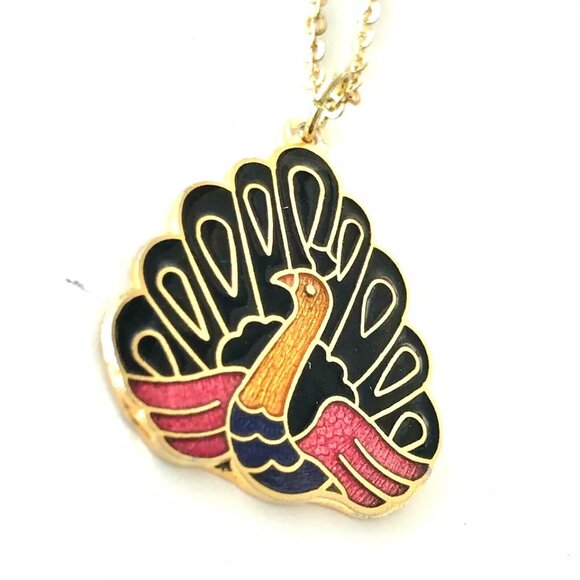 Vintage Cloisonné Peacock Pendant Necklace Enamel Gold Plated Purple Pink Black - Picture 7 of 11